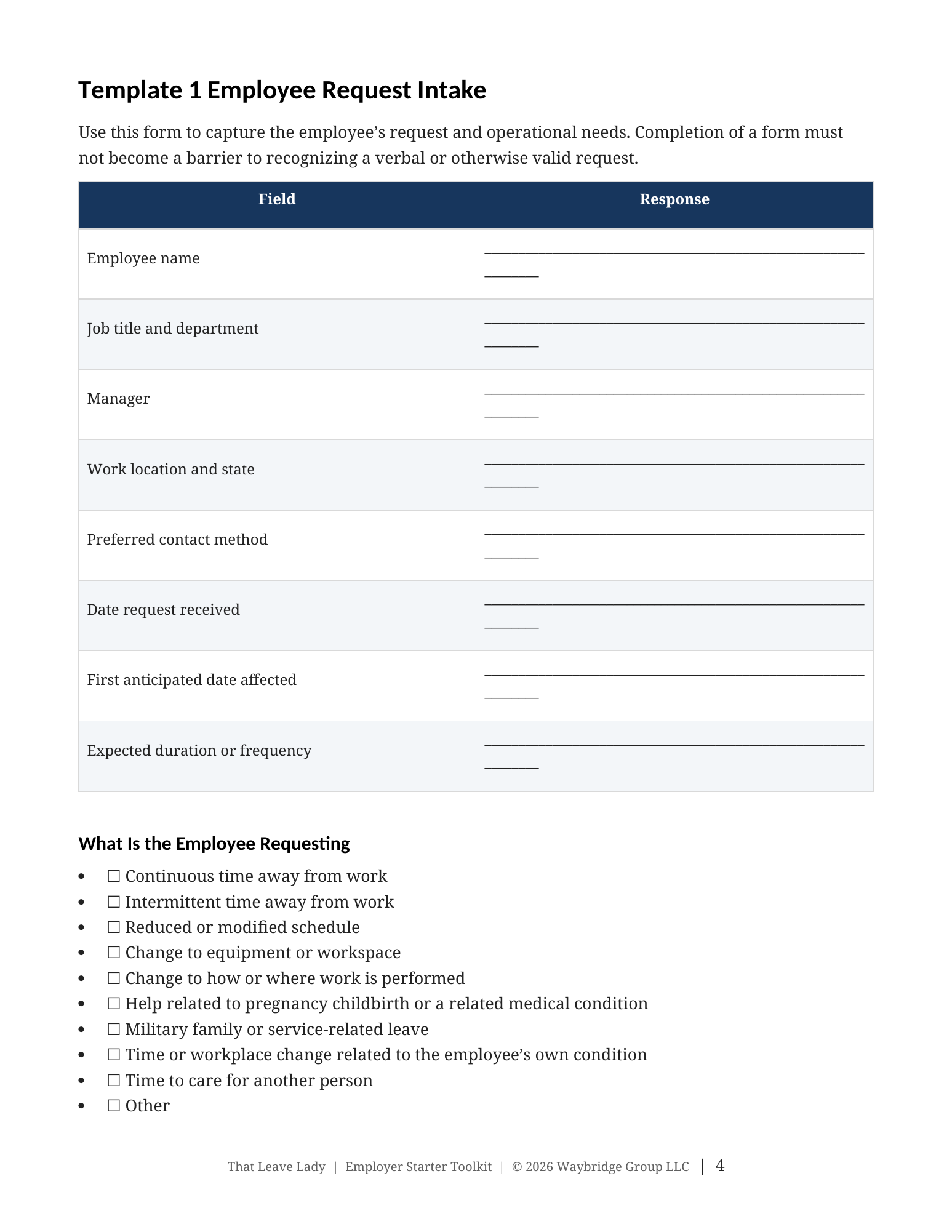 Employee request intake form preview